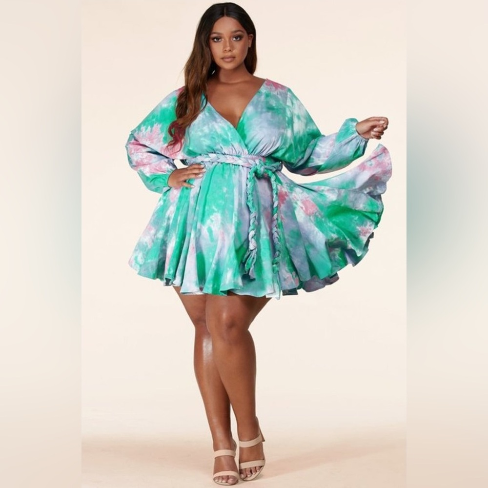 Women Plus Vibrant Multicolor Tie-Dye V Neck Tie Waist Swing Mini Dress Size 1X